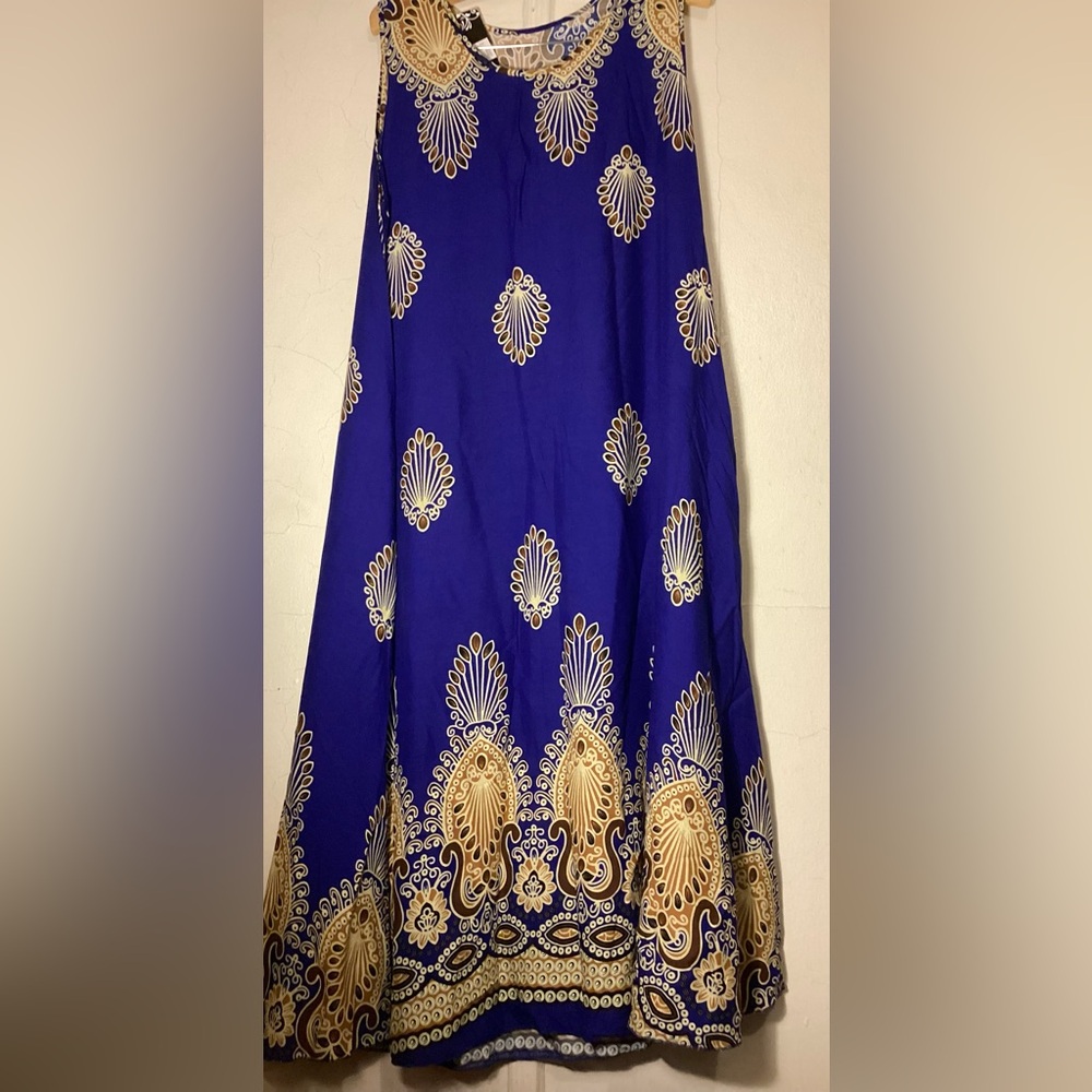 GM Fashion Sleeveless Blue Patterned Dress p2p~22” length: 50” with Pockets - Picture 4 of 10